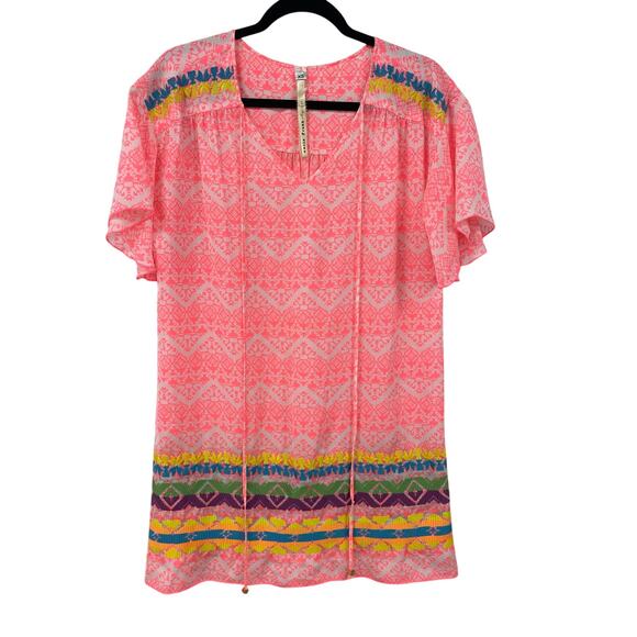 Uncle Frank Short Sleeve Neon Pink Mutlicolor Embroidered Shift Dress Womens XS - Picture 1 of 6